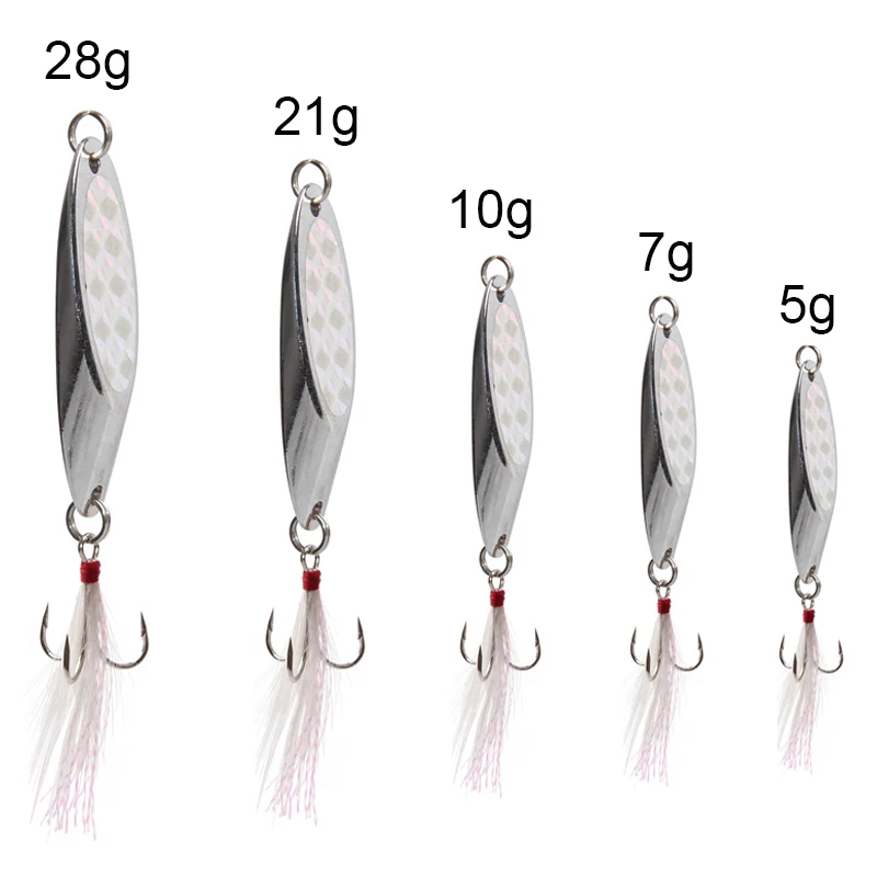 Señuelos de cuchara giratoria de Metal, cebo Artificial de plantilla fundida de lentejuelas para pesca de trucha, lubina, 5g, 7g, 10g, 21g, 28g, 20 piezas - imagen 2