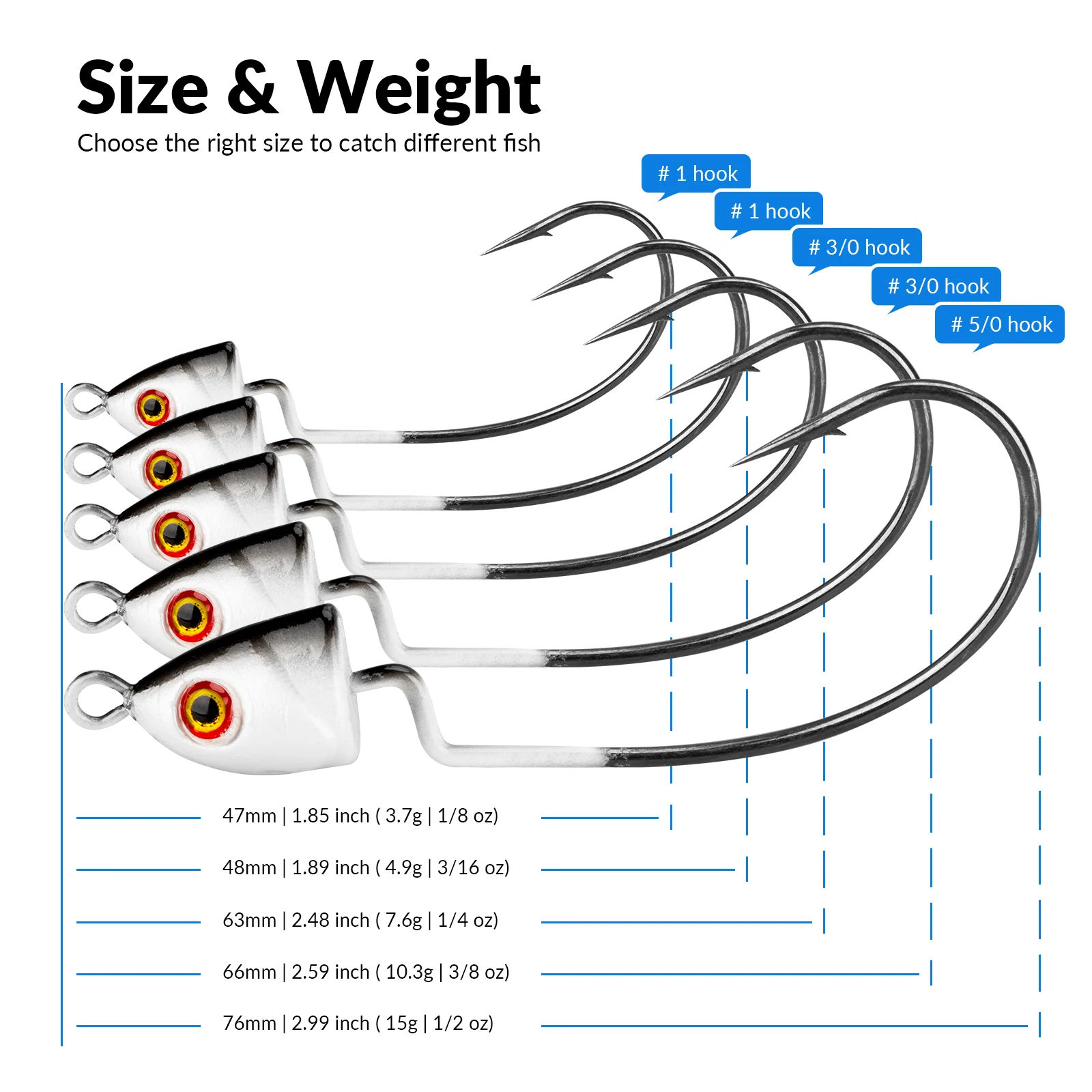 THKFISH-anzuelos con cabeza de anzuelo brillante, 5 uds., 3,7g, 5g, 7g, 10g, 14g, anzuelo con cabeza de pez para señuelos blandos, ojos 3D, anzuelo compensado para pesca de carpa - imagen 5