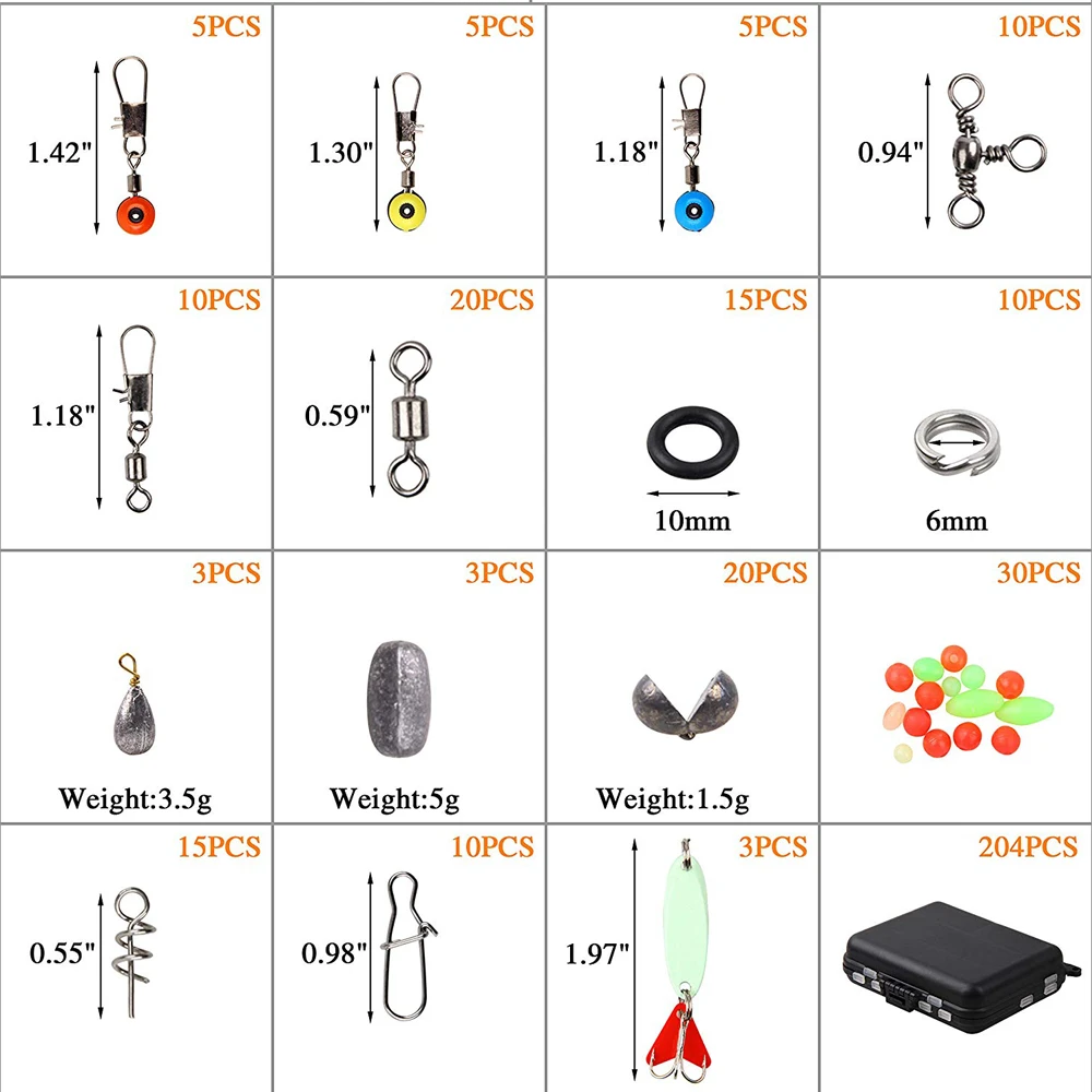 Accesorios de pesca, Kit de aparejos con ganchos, pesas de plomo, broches giratorios, toboganes de plomo, Wacky, juntas tóricas, cucharas, señuelos, cuentas, 204 unids/caja - imagen 2