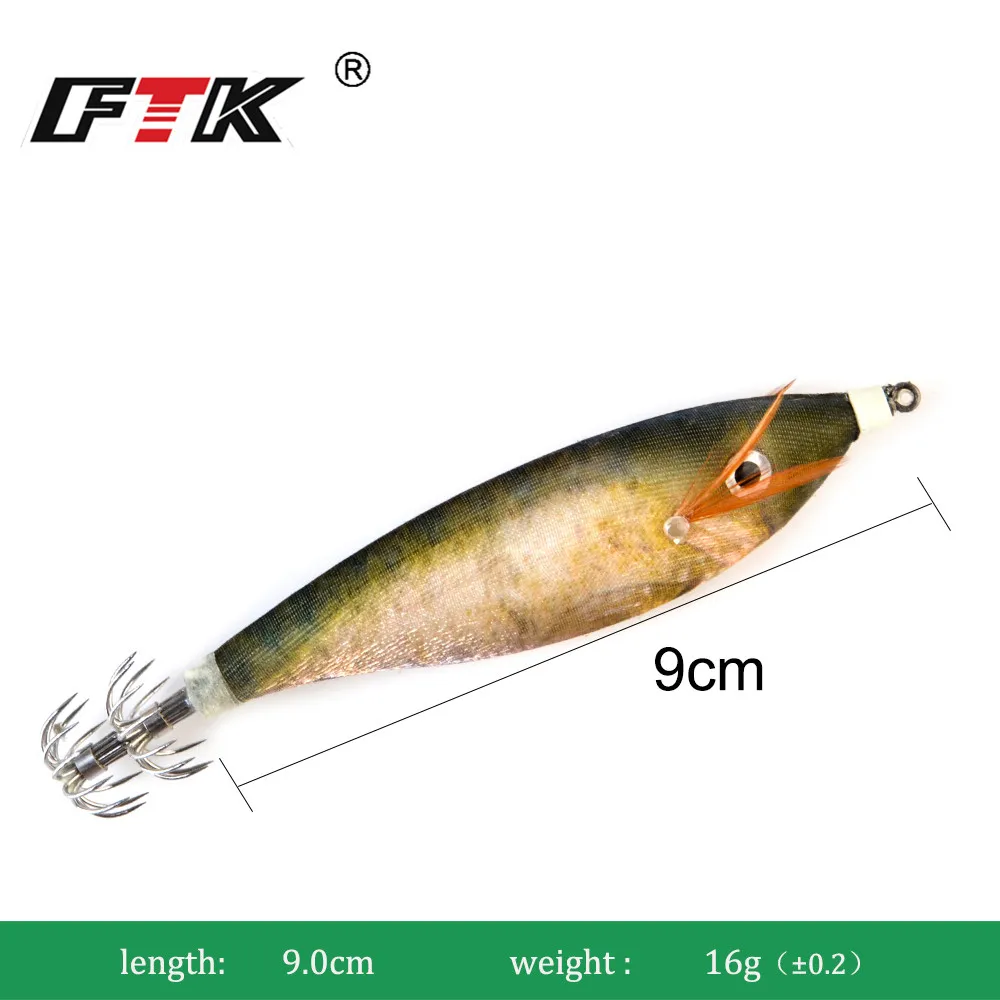 FTK-plantillas de calamar, señuelo de pesca de mar, 9cm, 16g, anzuelo luminoso de calamar, Jigging, pulpo, sepia, madera, camarones, cebos duros, ojos 3D - imagen 2