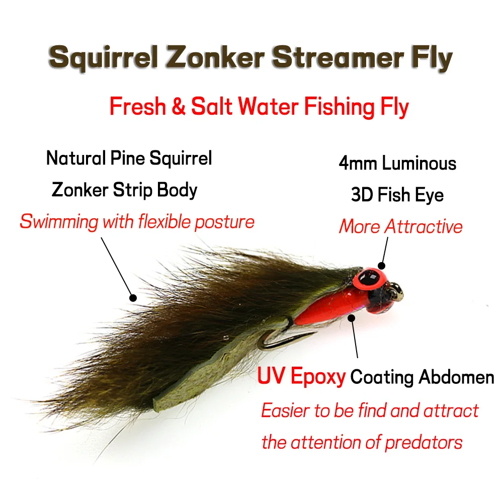 Elllv-señuelo de pesca de Lucio, cebo de tira de ardilla, Zonker Streamer Fly Sea BassTrout, Oliver & Red Brown, #6 #8, 4 piezas - imagen 2