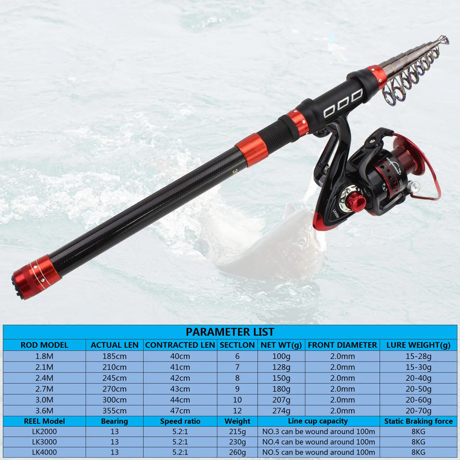 Carrete de caña de carbono para pesca dinámica, 1,8 m-3,0 m, conjunto de carretes, caña de pescar portátil para Surf en el mar - imagen 4