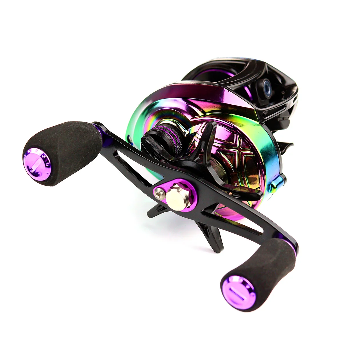 Un carrete de pesca de alta calidad con un elegante diseño multicolor y manijas ergonómicas