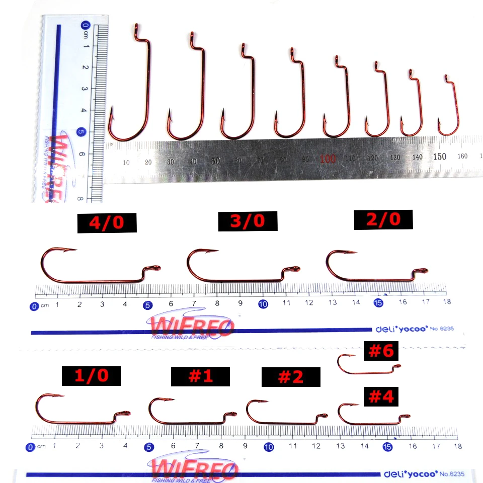 Anzuelo de gusano para pesca de lubina, anzuelo de gusano sin compensación, curva de cabeza de plantilla para pesca de lubina, tamaño 6, 4, 2, 1, 1/0, 2/0, 4/0, rojo/sangrado/sangre, 20 piezas - imagen 3