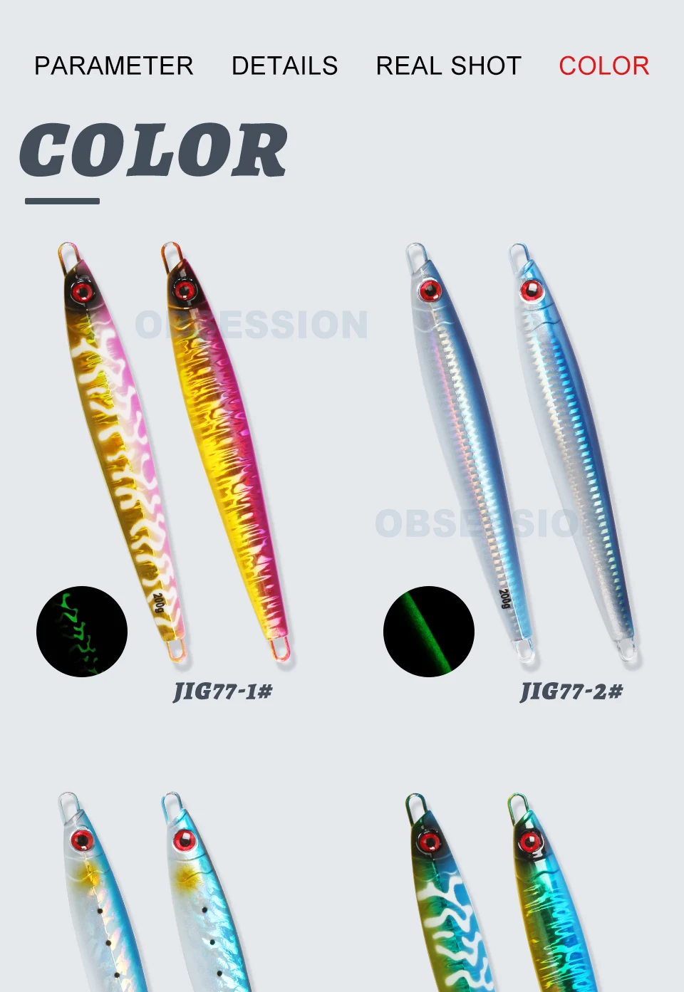 Una colección de señuelos de pesca, concretamente un tipo de señuelo conocido como señuelo de Color. Estos señuelos están diseñados para imitar la apariencia de un pez, con un cuerpo que tiene una forma realista de pez y a menudo incluye detalles como ojos, escamas y cola.