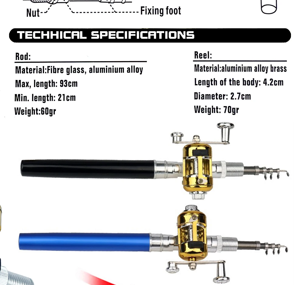 Un diagrama de una caña de pescar con sus especificaciones técnicas enumeradas. La varilla está fabricada en fibra de vidrio y aleación de aluminio, con una longitud máxima de 93 cm y mínima de 21 cm. Tiene un peso de 60g