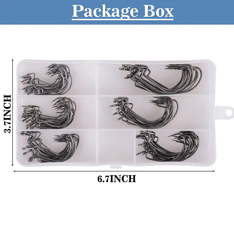 100 unids/caja acero rico en carbono 1 # -5/0 Kit de anzuelos de gusano de pesca Texas rig Jig anzuelo de púas para juego de anzuelos de trucha lubina - imagen 5