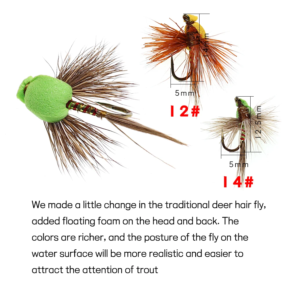 Bimoo 6PCS # 12 # 14 moscas de espuma de pelo de ciervo, pesca de lubina, trucha, mosca seca flotante, cebos artificiales, verde, amarillo - imagen 3
