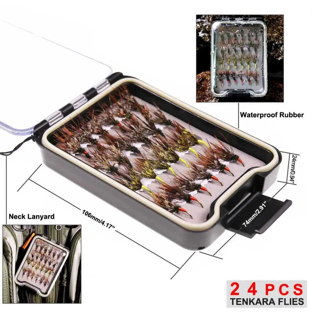 Bimoo-señuelo de pesca con mosca, 24 unids/lote/caja, caja de moscas Tenkara en tamaño de caja de mosca impermeable, 12 ganchos de púas - imagen 4