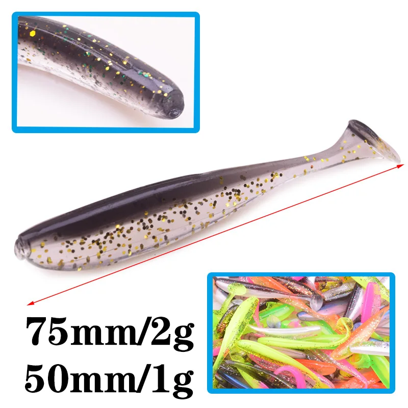 Anzuelo de pesca Wobblers, señuelos blandos de 75mm y 50mm, cebo Artificial de silicona de doble Color, aparejos de carpa, 10 unids/lote - imagen 3