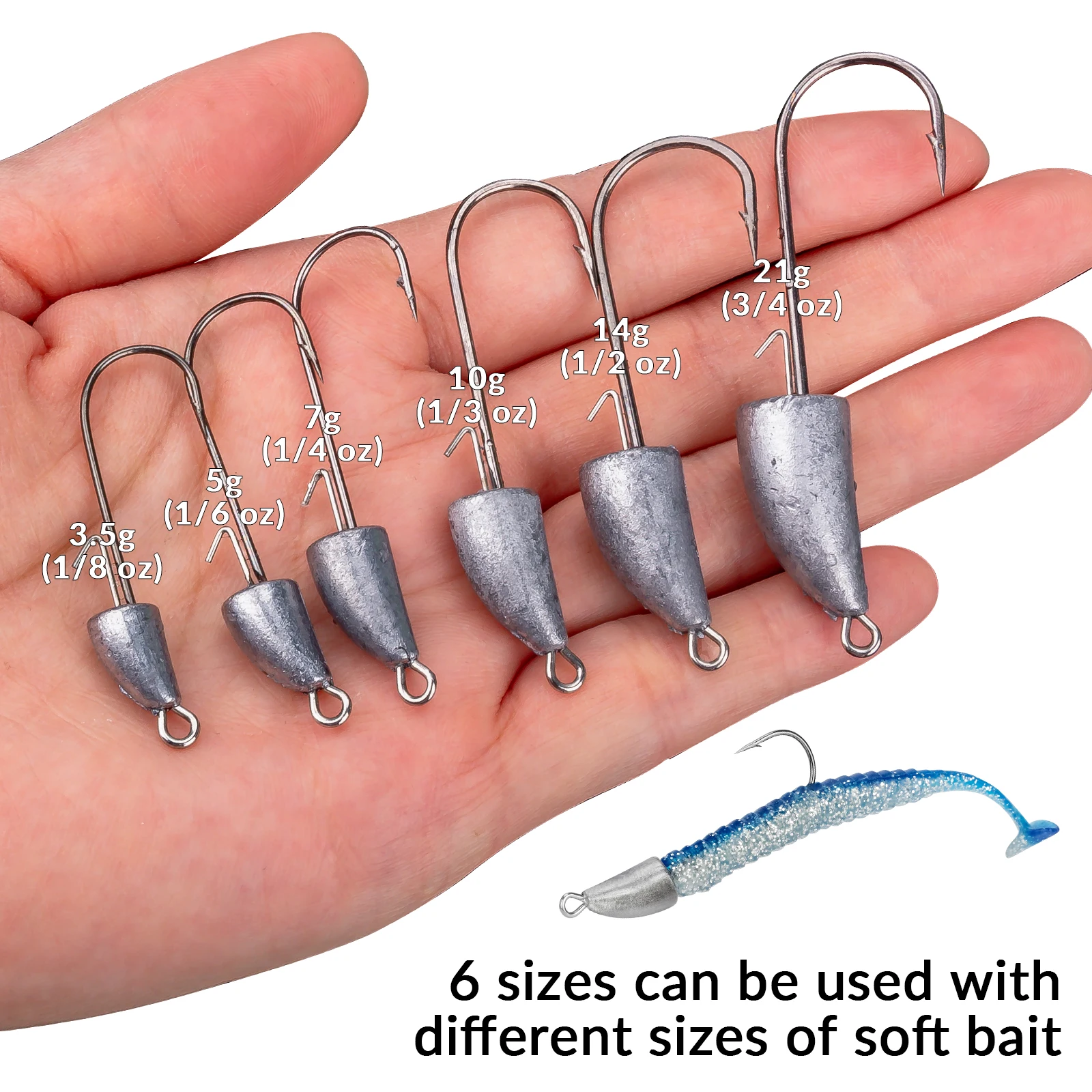 Anzuelos de pesca con cabeza de anzuelo de bala, 5 uds., 3,5g, 5g, 7g, 10g, 14g, 20g, anzuelos con cabeza de plomo, anzuelo de señuelo suave de vástago largo sin malezas de agua dulce - imagen 5