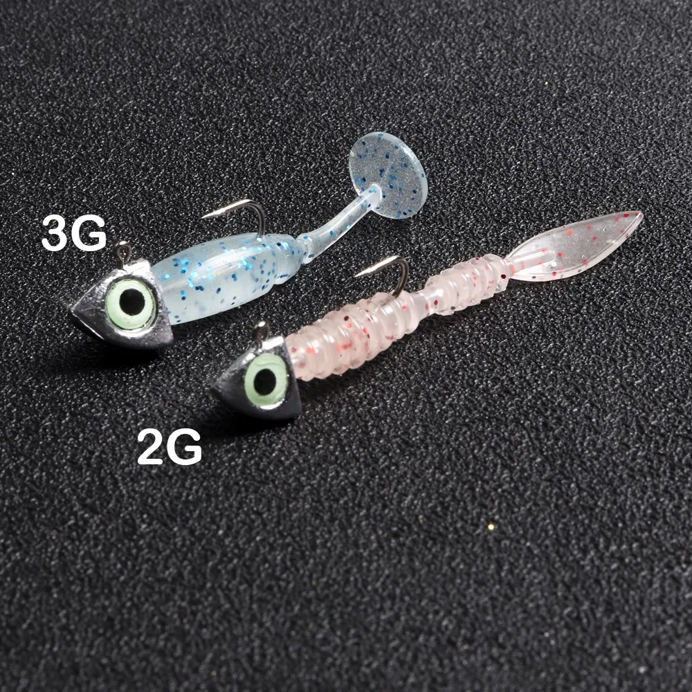 JOHNCOO-Mini anzuelos de pesca con cabeza plomada, señuelo de pesca de gusano, 2g, 3g, 4g, 6g, ojos 3D, lubina luminosa, 8 Uds. - imagen 3