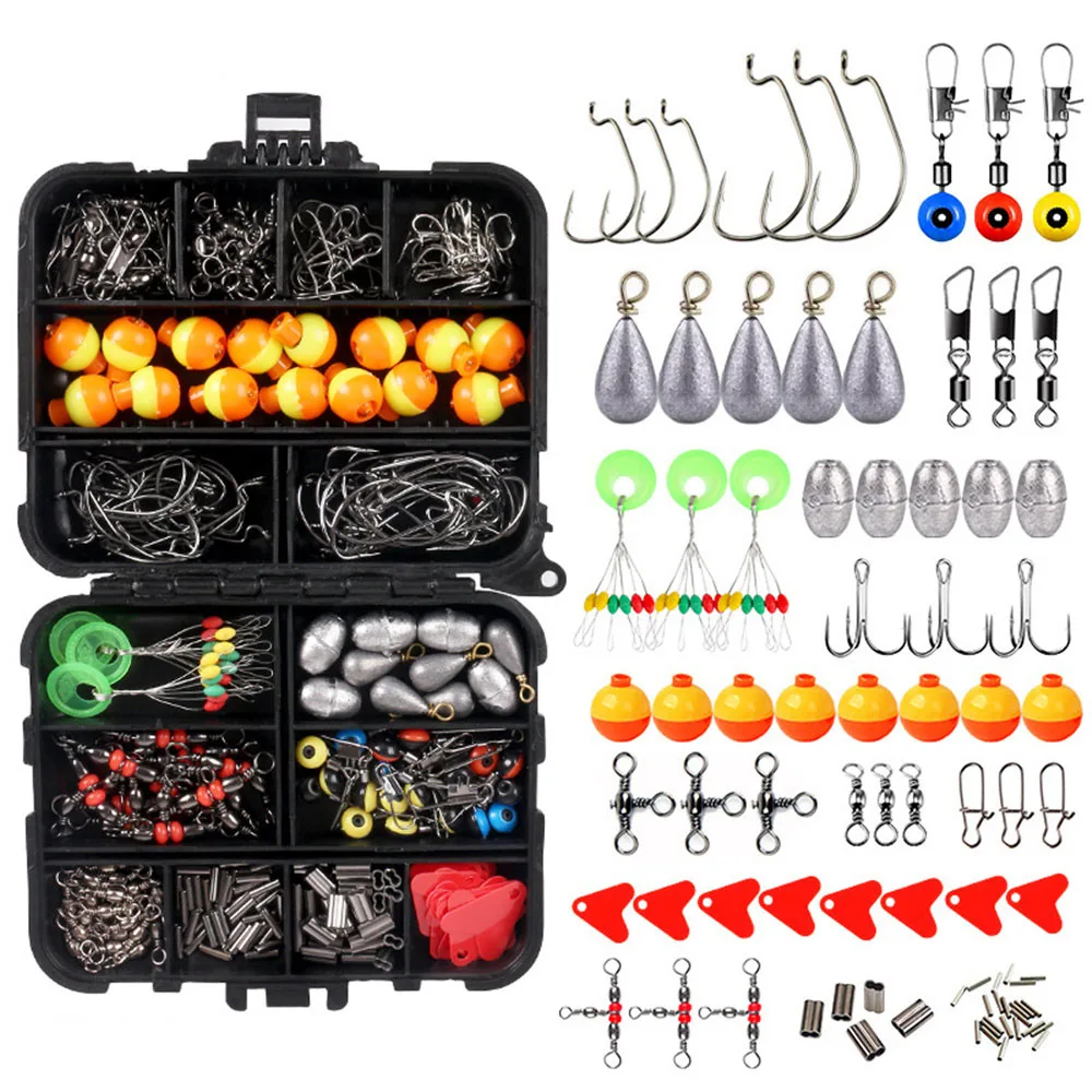 263 unids/set Kit de accesorios de pesca que incluye anzuelos, balas, lubina, pesas giratorias, broches, diapositivas, caja de aparejos