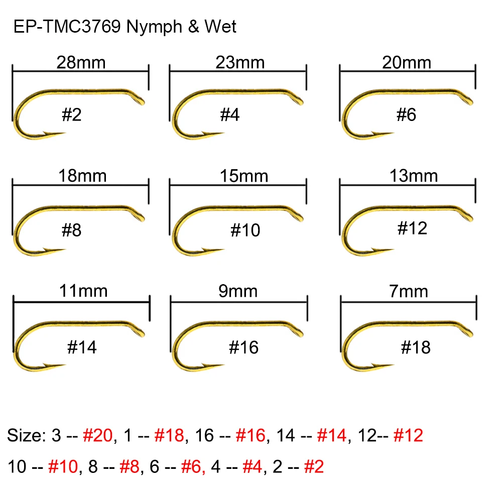 Eupheng 100 Uds EP-TMC3769 húmedo y ninfa 2X pesado estándar brocha curva anzuelo de pesca con mosca superficie de ojo anzuelos de moscas todos los tamaños - imagen 3
