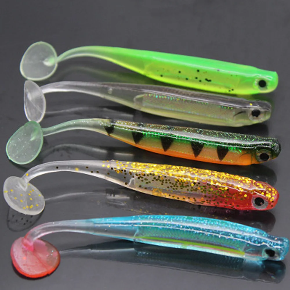 Cebo de pesca suave de cola en T de pez arcoíris, 9cm, 5g, 7cm, 2g, 3D ojos artificiales, lentejuelas de gel de sílice, cebo giratorio de pesca oscilante, 5 unidades por lote - imagen 3