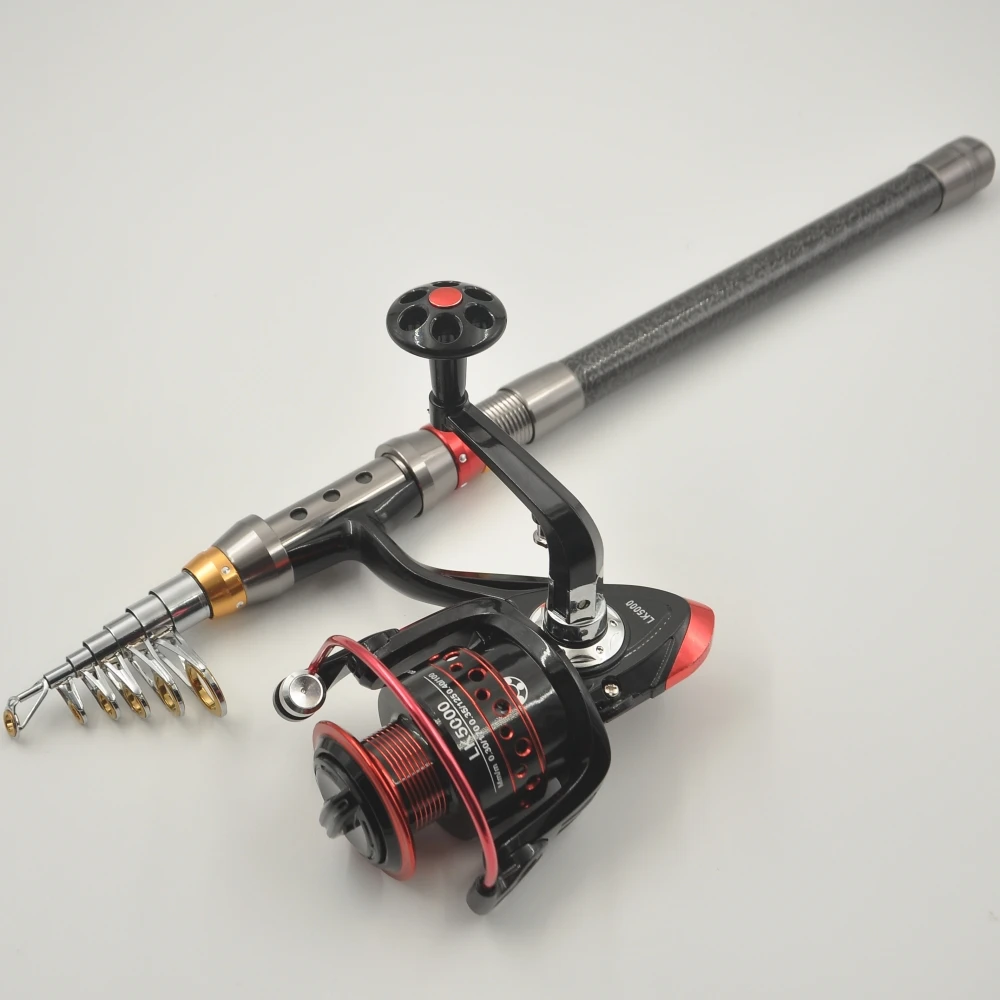 Juego de caña y carrete de pesca portátil, accesorio telescópico de carbono resistente, ideal para viaje, barco de mar, caña de roca giratoria, todo para pesca alimentadora