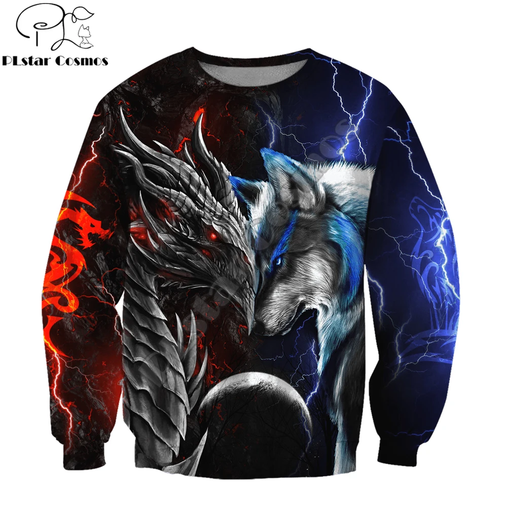 Sudaderas con capucha de otoño para hombre con estampado 3D de dragón y lobo rojo y azul, ropa de calle Unisex, chaqueta informal con cremallera, jersey KJ494 - imagen 5