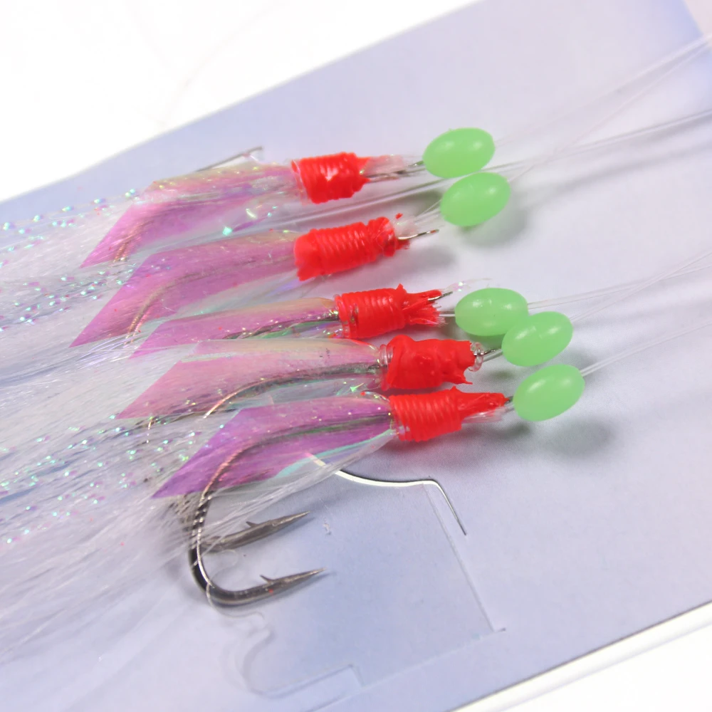 10 bolsas/lote # Aparejos Sabiki para pesca en el mar, cabeza de pluma/tubo de oropel/piel Flash, anzuelo de Jigging de acero rico en carbono, señuelo para arenque, 1/0 - imagen 4