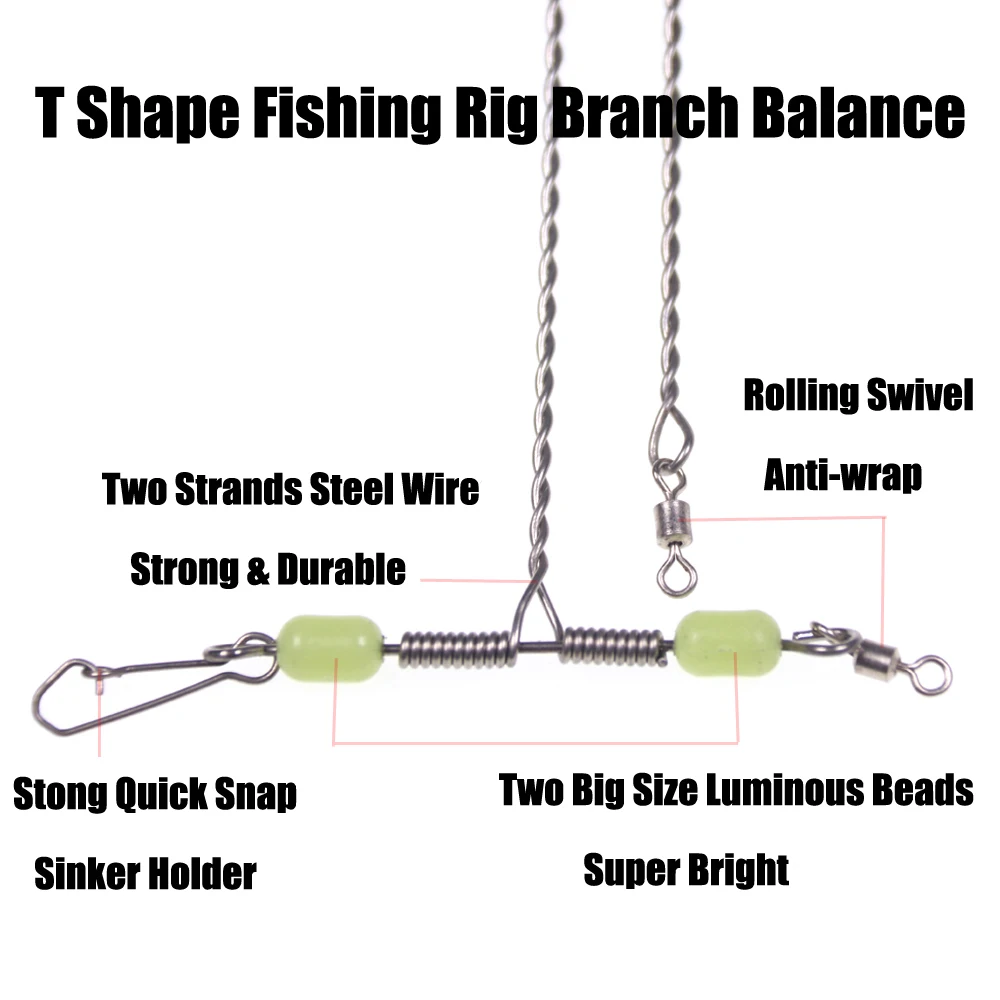 Aparejo de pesca de agua salada en forma de T, brazos de alambre inoxidable de equilibrio de rama con cuentas luminosas, giratorio, accesorios de pesca a presión, 50 piezas - imagen 4