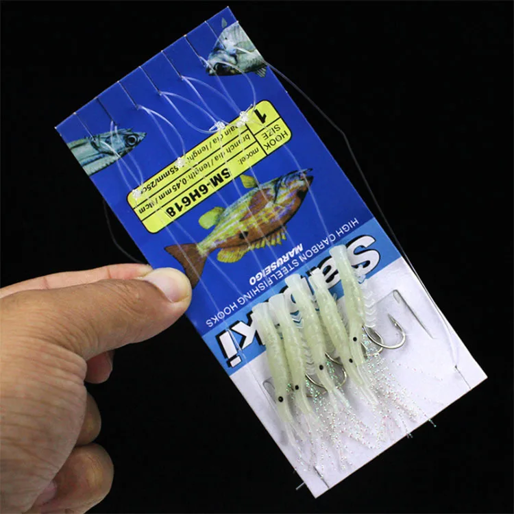 Anzuelo de cuerda de pesca que brilla, camarones suaves, luminoso, 5 piezas, anzuelos de pesca de acero rico en carbono, Sabiki Maruseigo - imagen 3