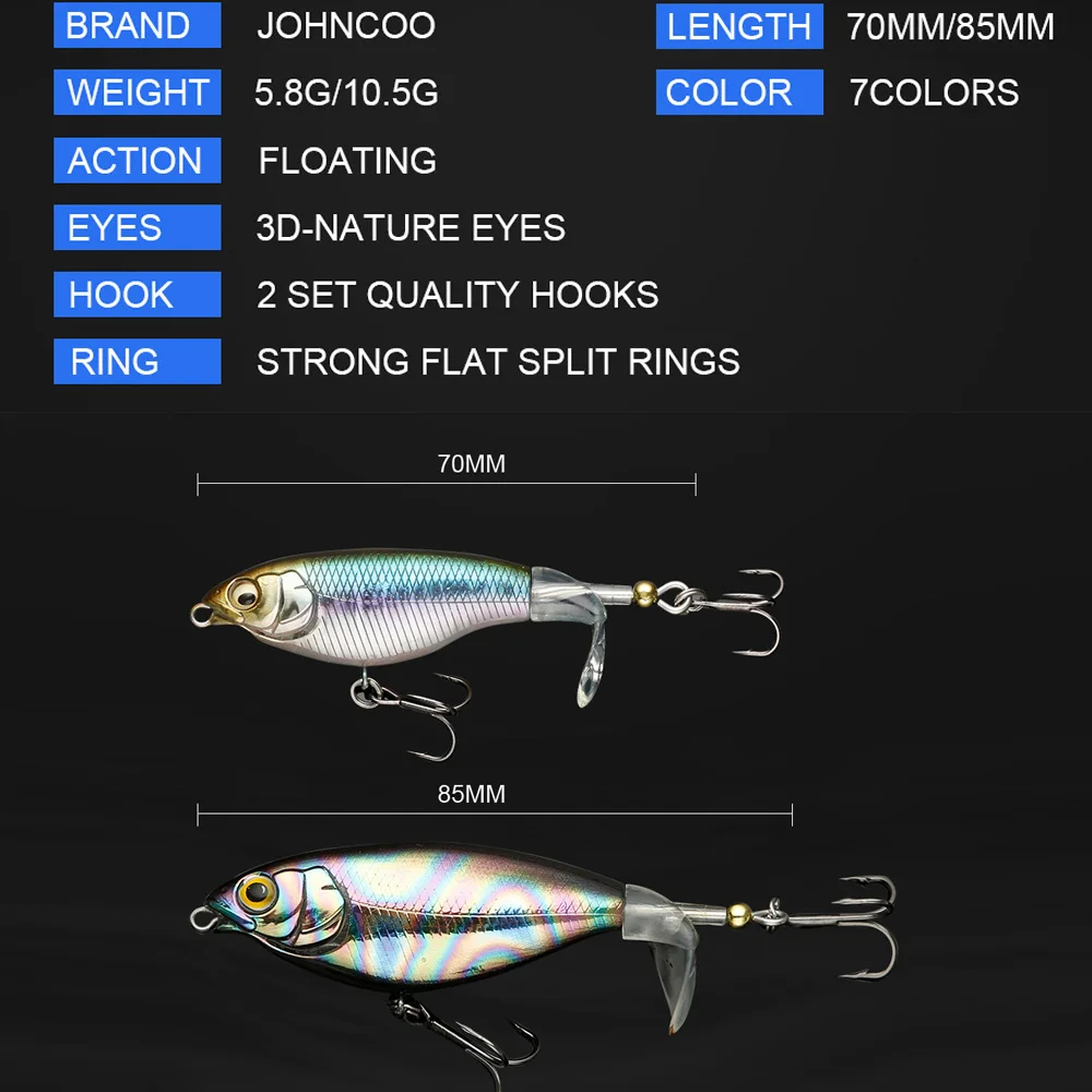 JOHNCOO-señuelo de pesca Popper, 70mm, 85mm, 5,8g, 10,5g, Plopper Whopper, señuelos de lubina, cebo de cola giratoria flotante, cebo duro Artificial - imagen 3