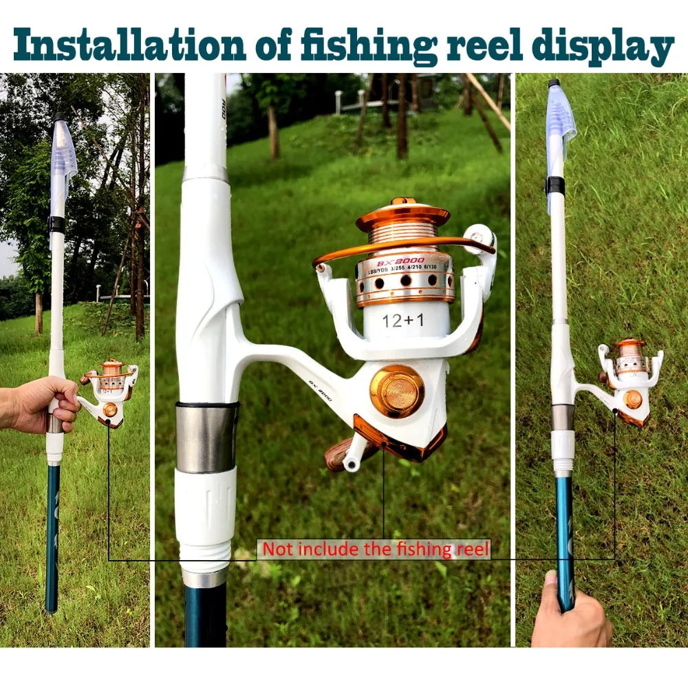 Una guía paso a paso sobre cómo instalar un expositor de carretes de pesca. Parece ser un producto que permite montar un carrete de pesca en una caña, posiblemente para fines de exhibición o almacenamiento. La pantalla tiene un poste blanco con un portacarretes adjunto.