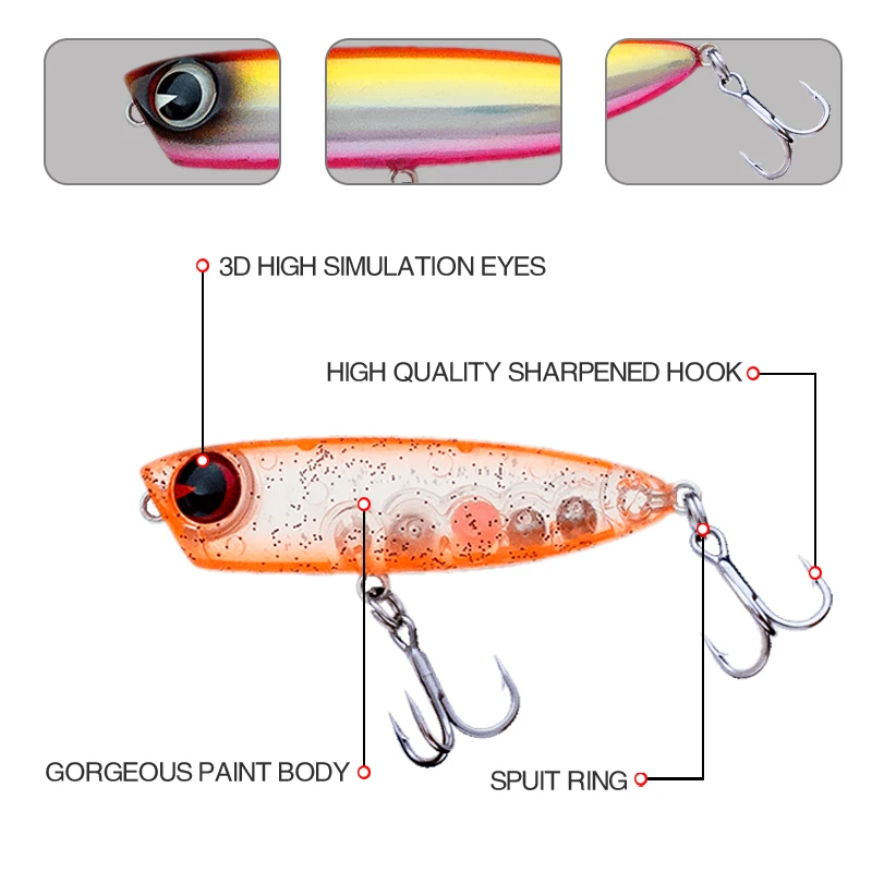Señuelos de Pesca Minnow, cebos duros de lápiz, se hunden, Popper, 45mm/3g, Wobblers de pesca profesionales de alta calidad para lubina de mar - imagen 2