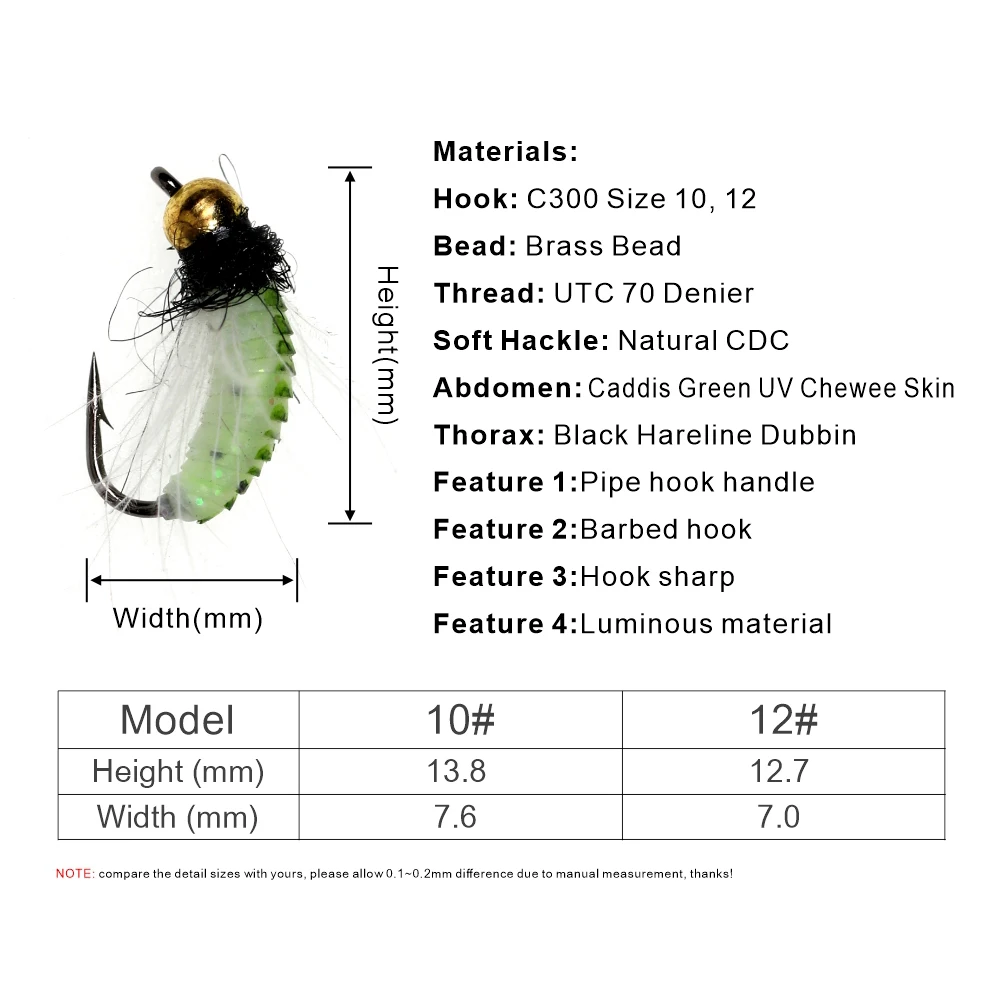 ICERIO 8 Uds cabeza de cuentas de latón hundimiento rápido Caddis verde UV gusano Ninfa Scud piel mosca con pluma CDC Hackle para señuelo de pesca de trucha - imagen 2