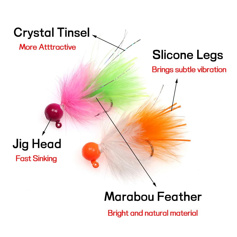 Señuelo de pesca con cabeza de plantilla de plumas de marabú fluorescente, 4 Uds., 3g, 5g, para tipo de pez, trucha, Lucio, Muskie, Walleye, lubina, plantilla de hielo - imagen 4