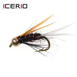 ICERIO 6PCS # Señuelo de pesca de trucha con mosca, 12 cuentas de latón, cabeza Crazy Black Psycho Prince Ninfa