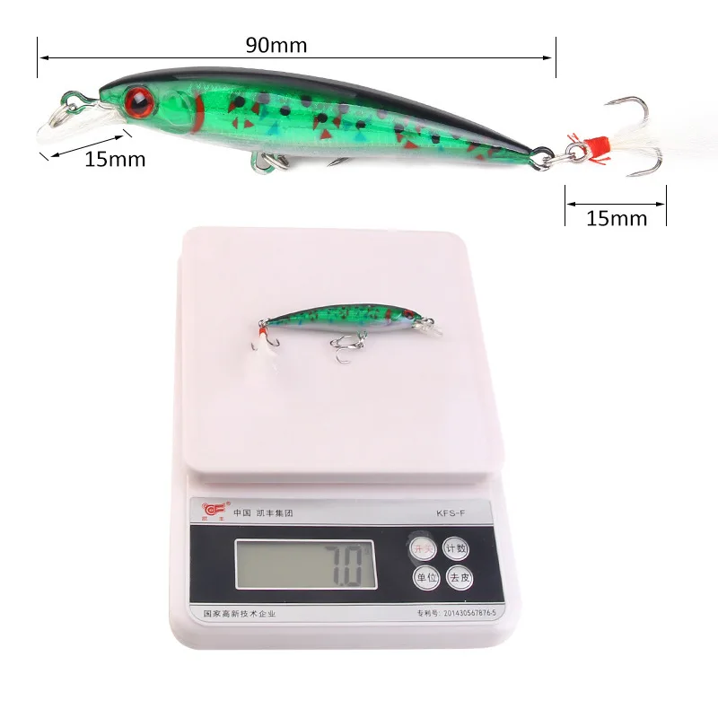 Señuelo de pesca de pececillo biónico con ojos 3D láser, cebo duro Artificial de 90mm y 7g con anzuelo triple de plumas, 1 ud. - imagen 5