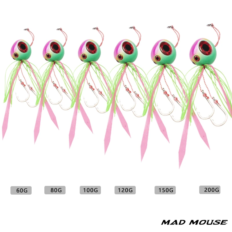 MADMOUSE-SEÑUELOS DE GOMA para pesca en aguas profundas, anzuelos de ojos grandes en 3 colores, 60/80/100/120/150/200g, cabeza de plantilla lenta Meatal con faldas de goma - imagen 5