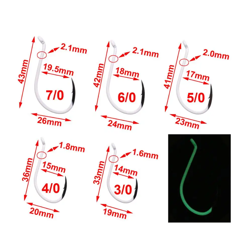 Wifreo 25 uds anzuelos de pesca luminosos de agua salada que brillan en la oscuridad gancho de pico de pulpo tamaño 3/0 ~ 7/0 gancho circular de acero rico en carbono - imagen 2