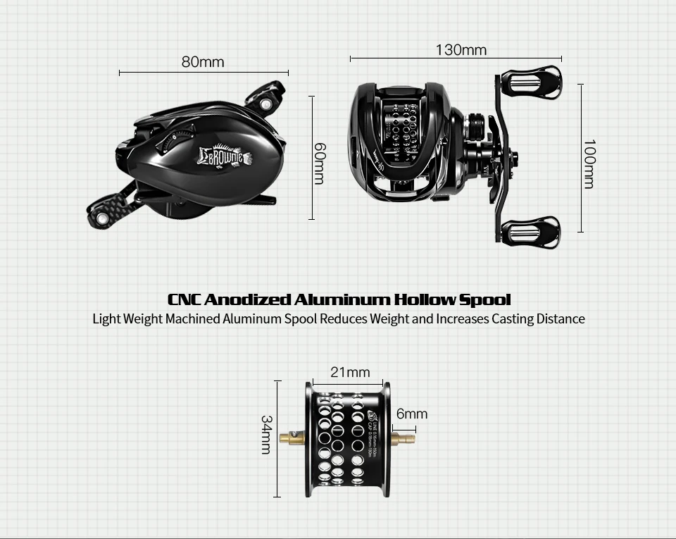 Se muestra un carrete de pesca negro con un carrete de 10 mm y 13 mm