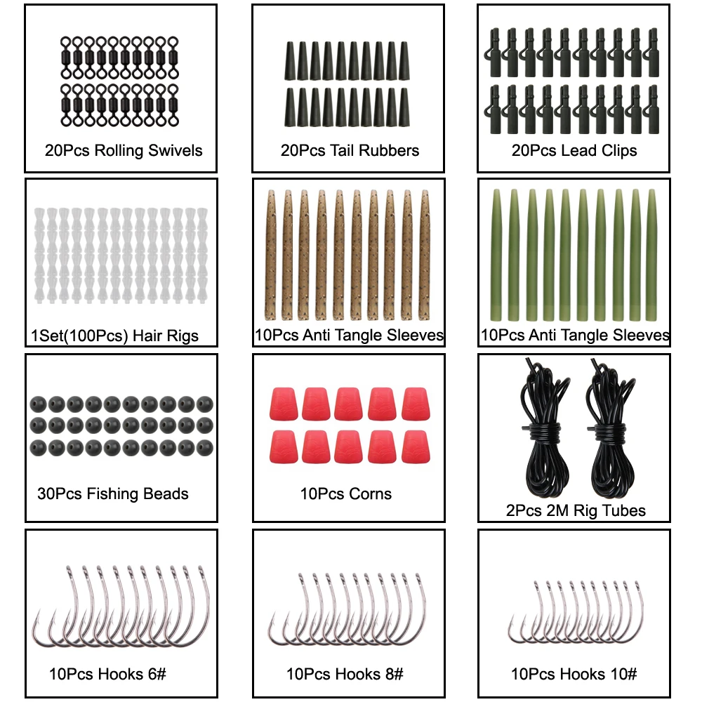 Aparejos de pesca de carpa, anzuelos giratorios de seguridad, incluye mangas antienredos, Clips de plomo, cuentas, accesorios de cebo de maíz, 252 unids/lote por caja - imagen 4