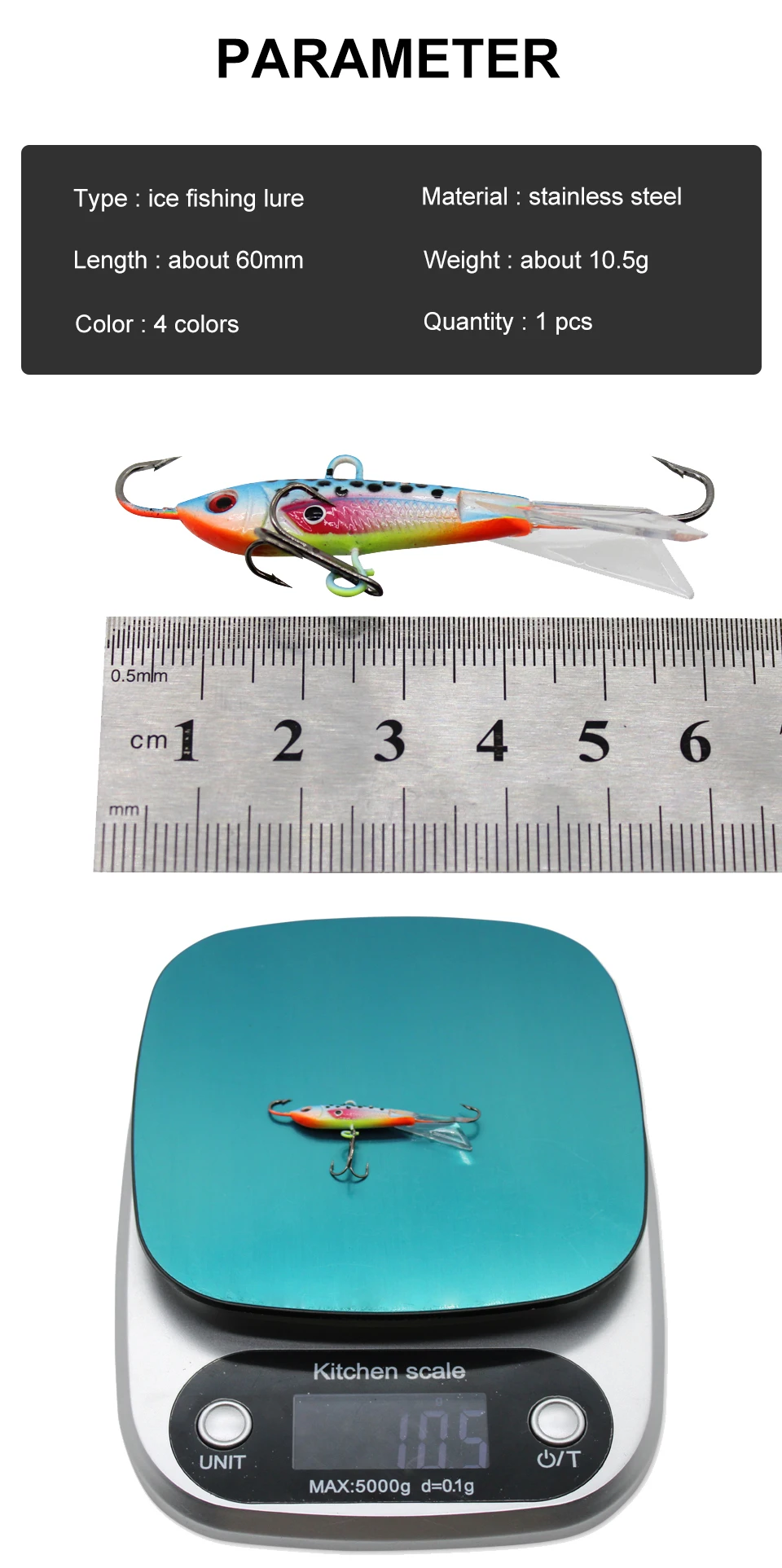 Este señuelo de pesca en hielo es vibrante duradero y perfecto para atrapar peces en aguas frías