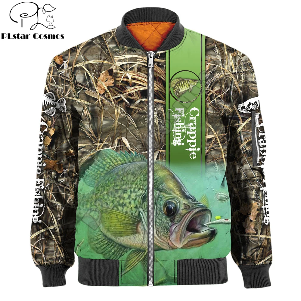 2025 nueva moda chaqueta Bomber para hombre Crappie pesca 3D impreso grueso invierno bolsillo ropa de calle Unisex Casual chaqueta cálida con cremallera