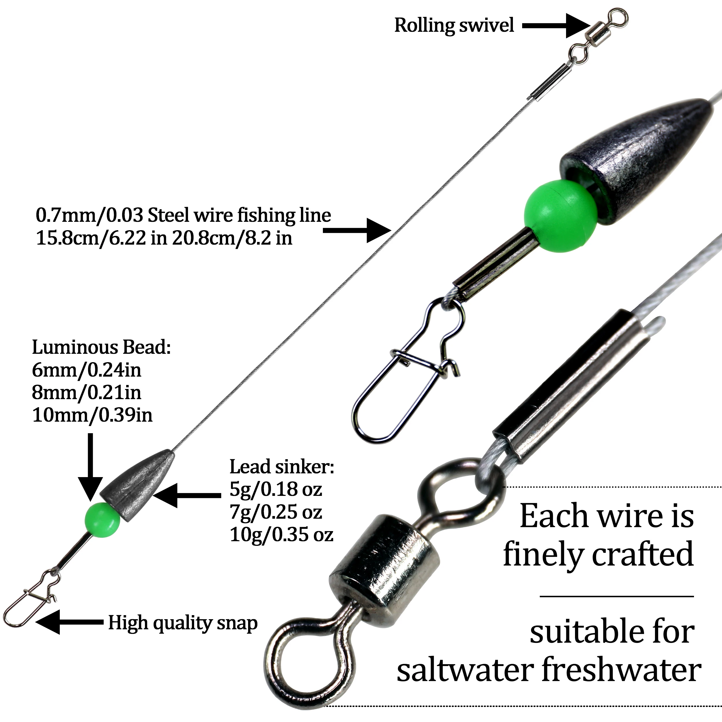 THKFISH 5 uds Carolina Rig 6g 8g 11g 15g peso de plomo de bala alambre de pesca de acero inoxidable líder pesca giratoria plomos de pesca - imagen 4