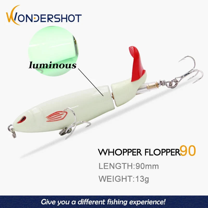 Wondershot-señuelo de pesca flotante D04, 13g, 90mm, Whopper Pencilbait, Topwater, cola giratoria suave, cebos brillantes
