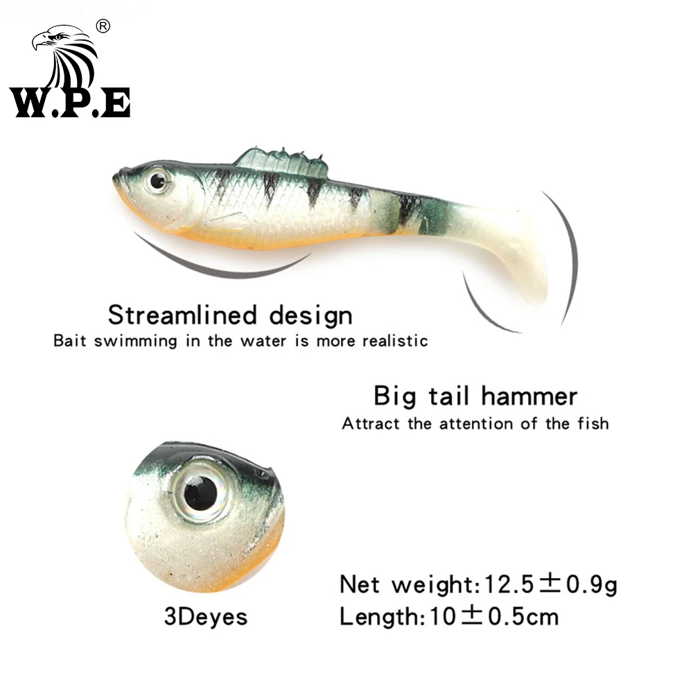 W.P.E-señuelo suave de pesca Artificial, cebo de 100mm, 3D-eyes, cuerpo suave, cola en T, Wobblers, aparejos de pesca, 5 unids/paquete - imagen 2