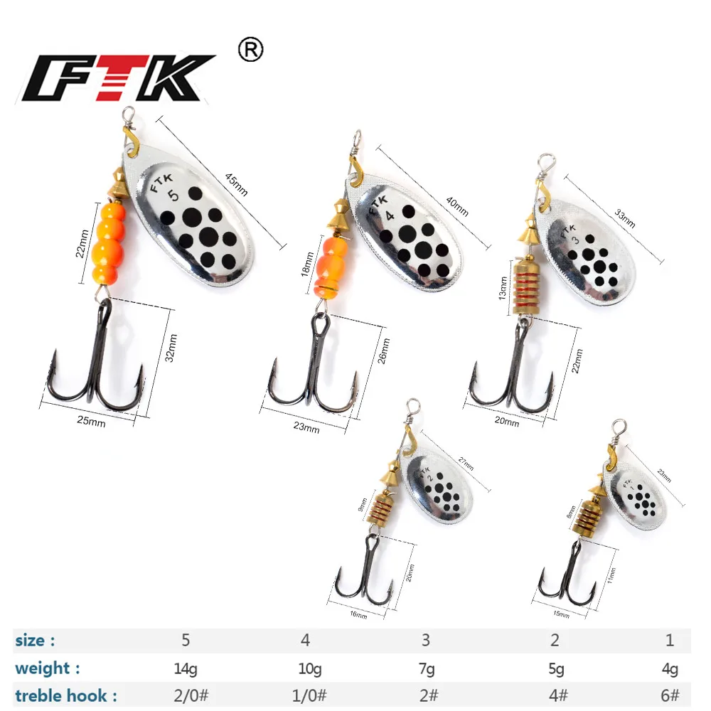 FTK-cebo giratorio de 4g/5g/7g/10g/14g, Señuelos de lubina de cuchara dura, Señuelos de pesca de Metal con anzuelos triples, aparejos de pesca para pesca de Lucio - imagen 5