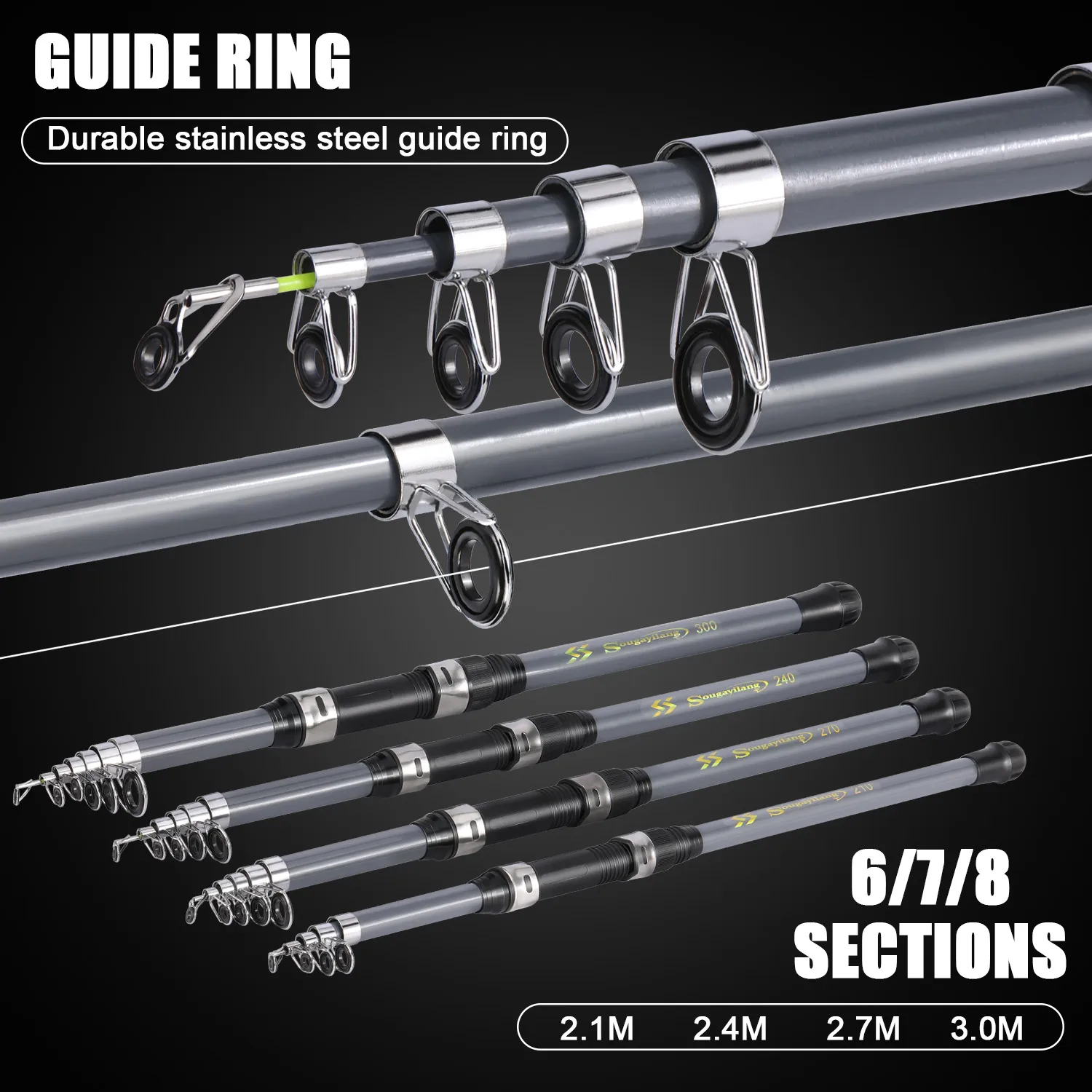 Explore cañas de pesca versátiles con anillos de guía de acero inoxidable duraderos disponibles en secciones 6/7/8 para longitudes versátiles