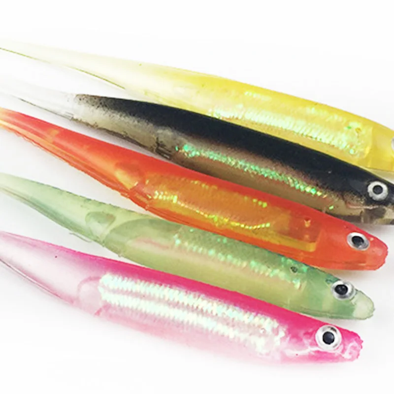 5 unids/lote plantilla de pesca cabeza pez señuelo suave 10cm 3g Shad Bass Color arcoíris cebo de silicona Artificial lentejuelas Spinnerbait Swimbaits - imagen 2