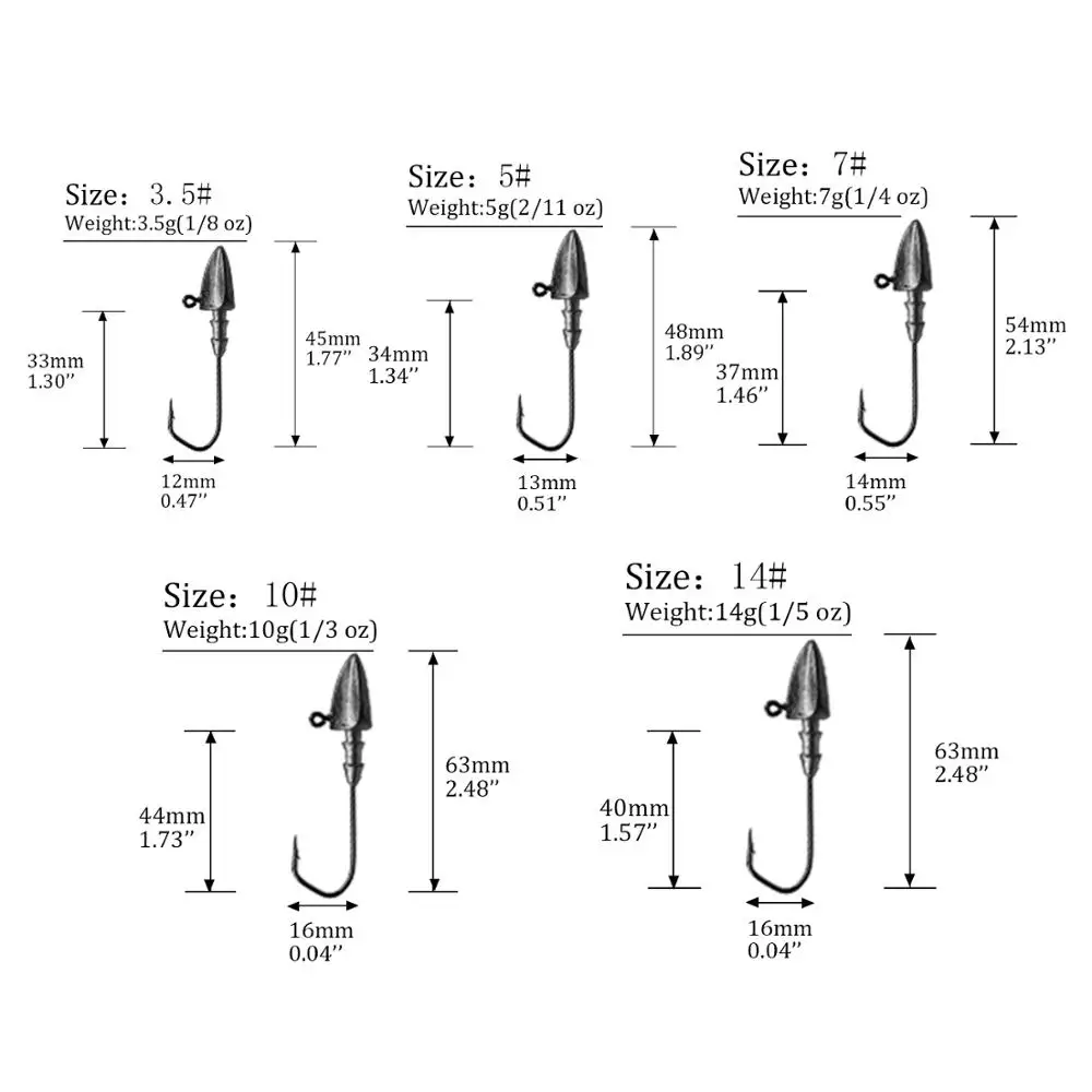 20 piezas ganchos triangulares con cabeza de plomo, 3,5g, 5g, 7g, 10g, 14g, cabezales de plantilla, señuelos de gusano suaves, anzuelos de acero al carbono - imagen 2