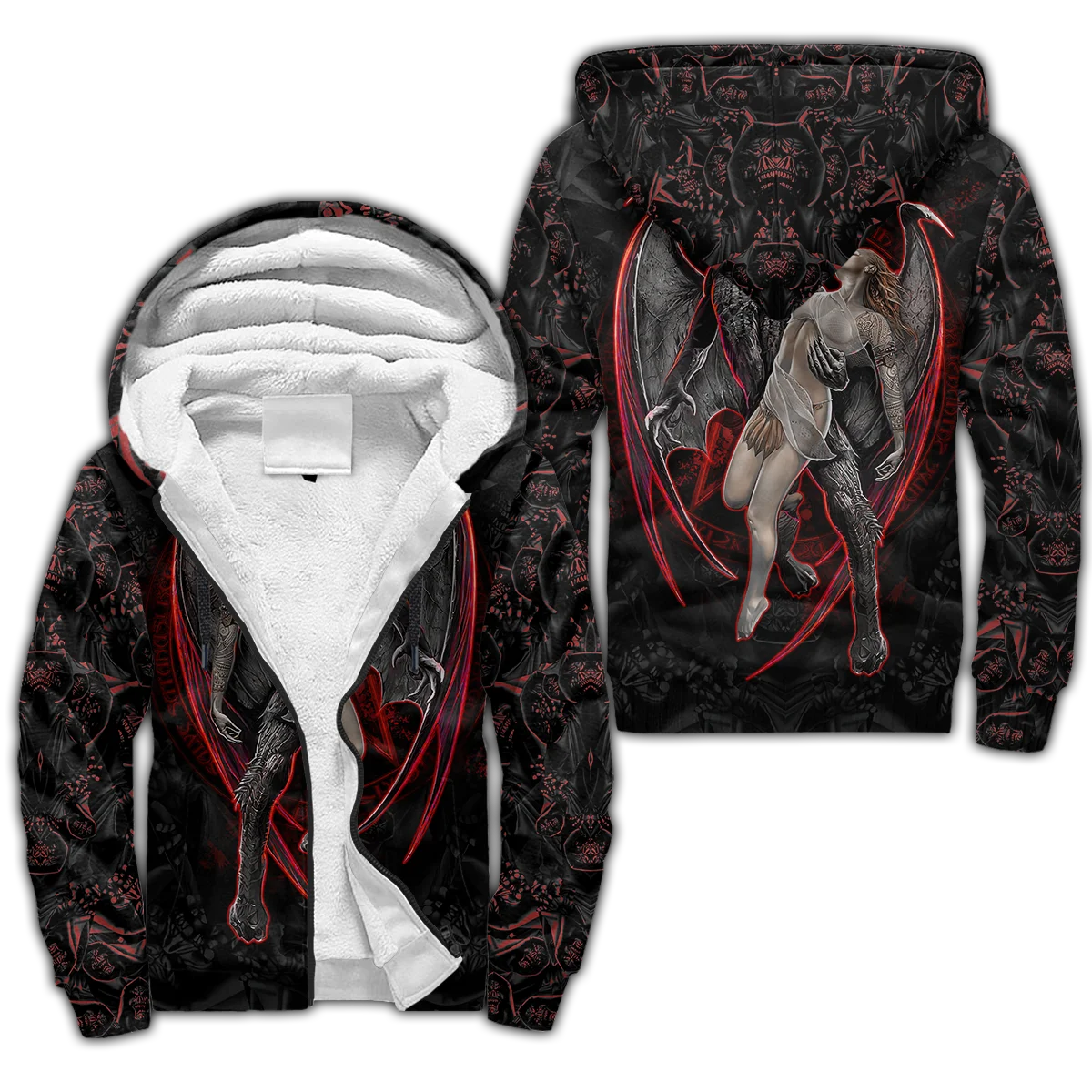 Reaper cráneo con alas de Ángel 3D impreso invierno más grueso cremallera Sudadera con capucha Unisex Casual Abrigo con capucha chándal chaqueta de lana cálida JH09 - imagen 3