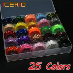 ICERIO-carrete de atado de moscas, 25 colores, 5m, Material de chenilla de oropel para señuelos de Streamer, fibra de doblaje de Flash de cristal/Material de Hackle flexible