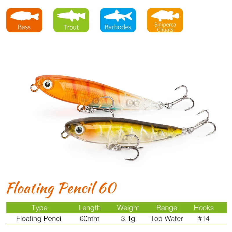 TSURINOYA-Lápiz flotante de 60F, cebo de 60mm, 3,1g, señuelo de pesca de agua dura profesional, para trucha pequeña, swimbait, wobblers - imagen 2