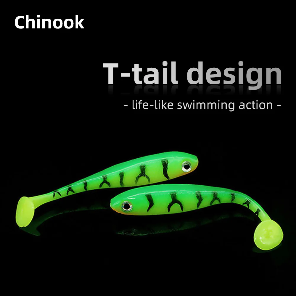 Chinook-señuelo de cebo blando 3D t-tail 65mm, 5 uds., Wobblers, pez de silicona, cebo Artificial, pesca para cabeza de plantilla, anzuelos locos de Texas - imagen 3