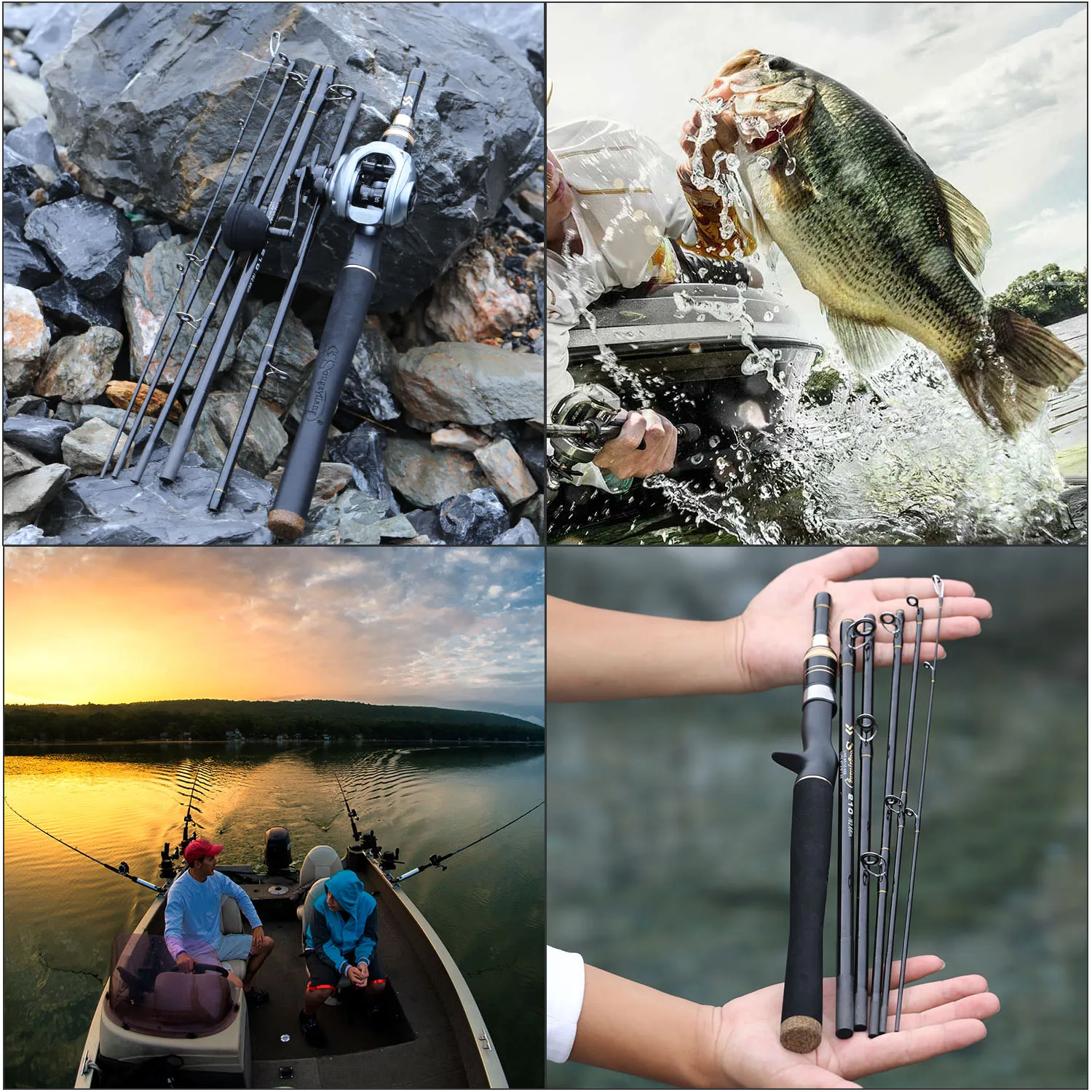 Un collage de imágenes de pesca que incluye una caña de pescar un pez, un bote y una persona que sostiene una caña de pescar