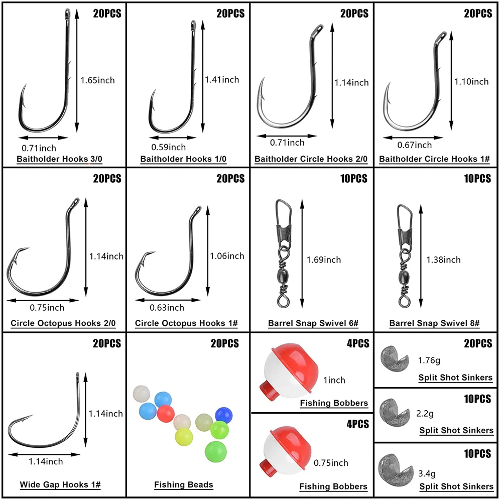 Kit de anzuelos de pesca, anzuelos circulares de pulpo, anzuelos de Baitholder, Bobbers, hundidor de tiro dividido, para trucha y lubina, 228 Uds. - imagen 2